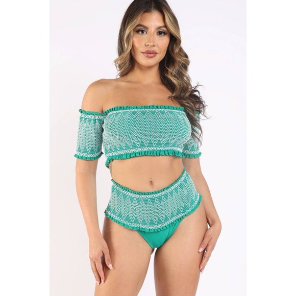 Women Embroidered Smocking Cold Shoulder RuffleBandeau Bikini Swimwear Beachwear - Picture 9 of 11